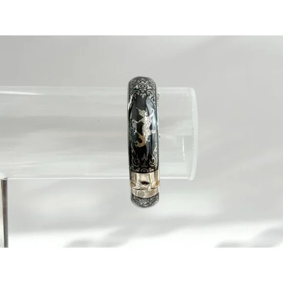 Siam Sterling Silver 925 Hand Carved Hinged Enclosure Vintage Bangle Bracelet - Picture 11 of 16